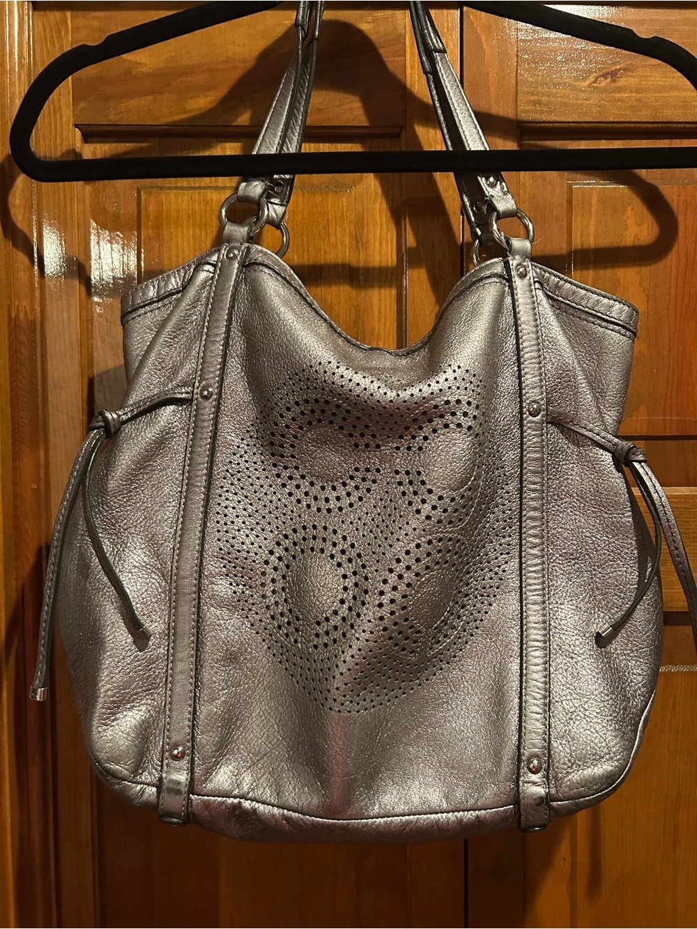 Coach striking metallic Gray Leather Tote Bag.